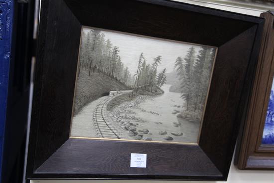 A Japanese embroidered silk picture of a railroad, early 20th century, 41.5 x 49.5cm